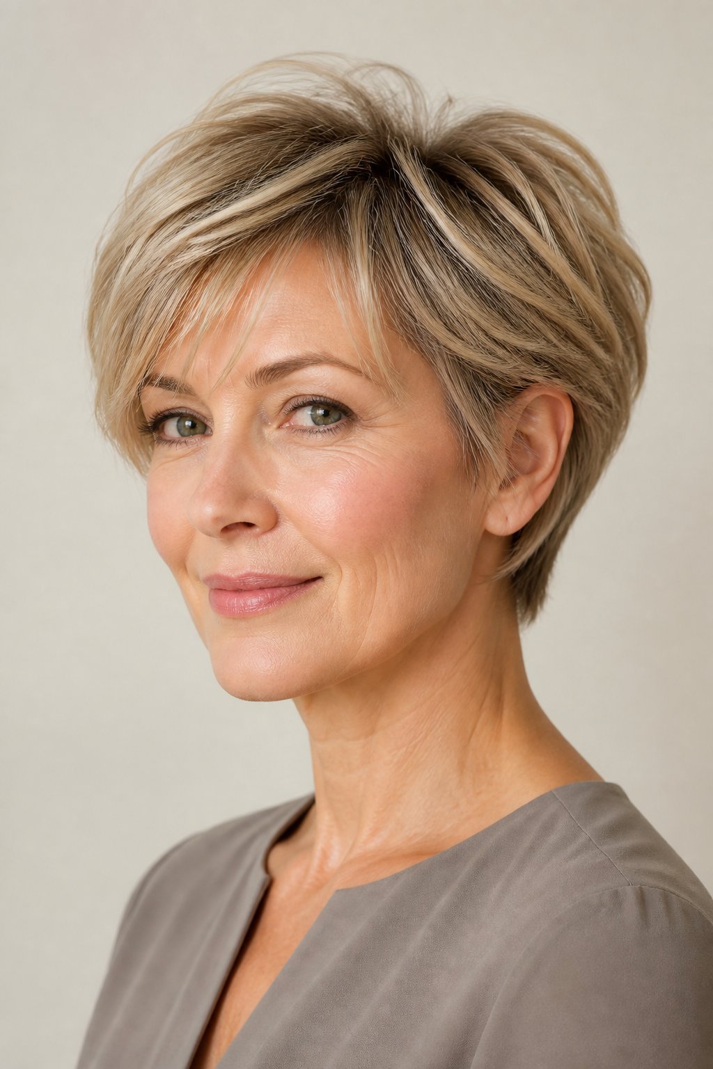 Woman with a short layered haircut and lifted hair at the crown.