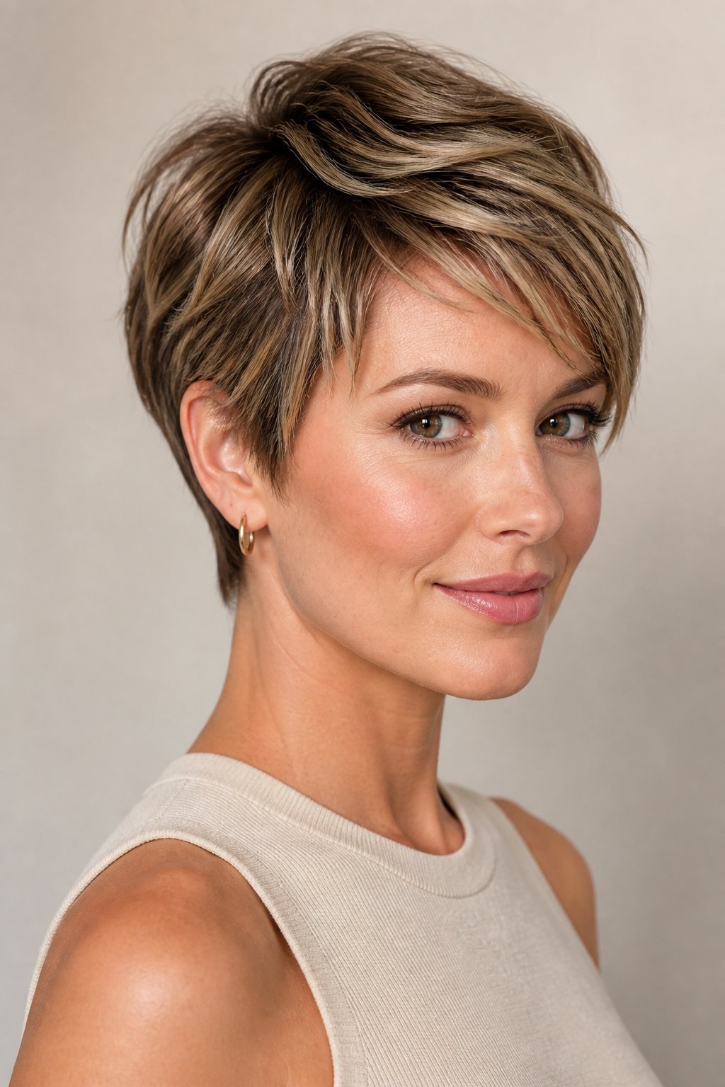 Woman with a textured long pixie haircut posing in a studio.
