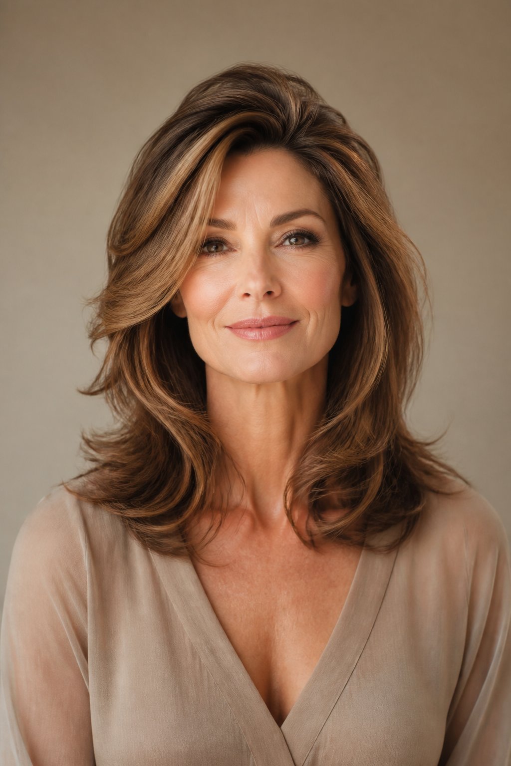 A woman with a polished, voluminous hairstyle and softly swept-back layers poses against a neutral background.