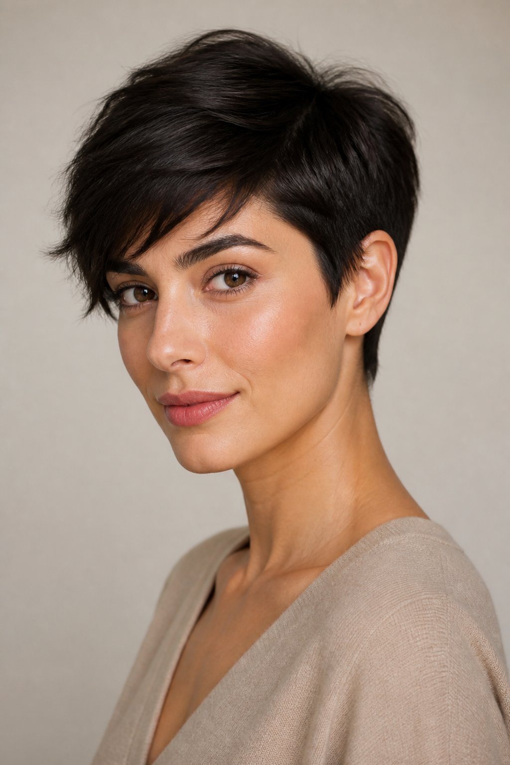 A woman with short hair poses against a plain background.