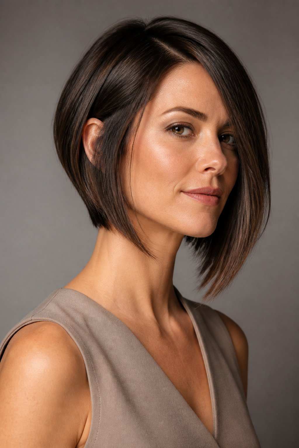 Woman with an angled bob haircut posing against a plain background.